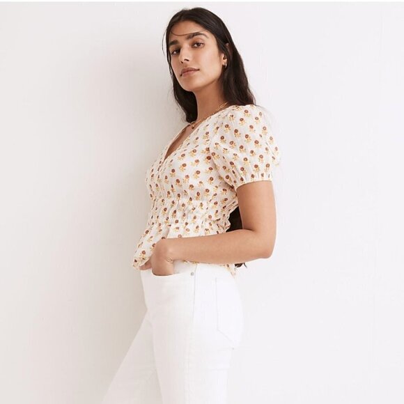 MADEWELL SOPHIA IVORY WHITE FLORAL GAUZE TOP IN WILD CALENDULA BLOCK PRINT - M - Picture 2 of 13